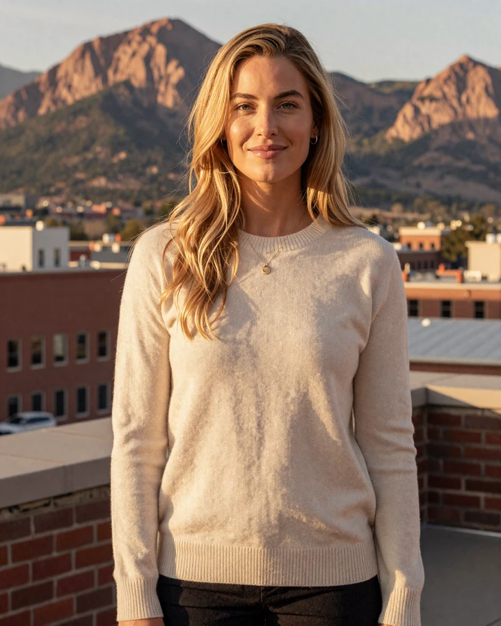 Verified Denver sugar baby Harper in cream cashmere sweater on a LoDo rooftop with Rocky Mountains behind at golden hour