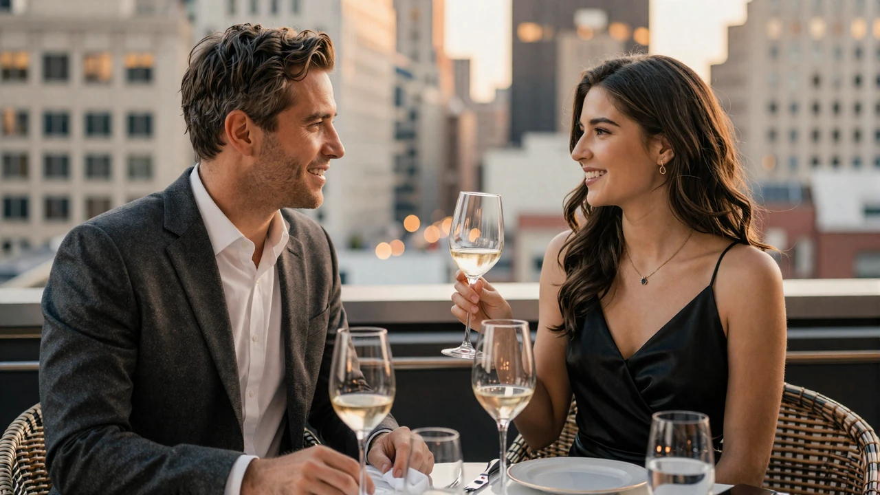 Successful man and elegant woman on a first sugar date at an upscale rooftop restaurant in Manhattan with warm golden hour lighting