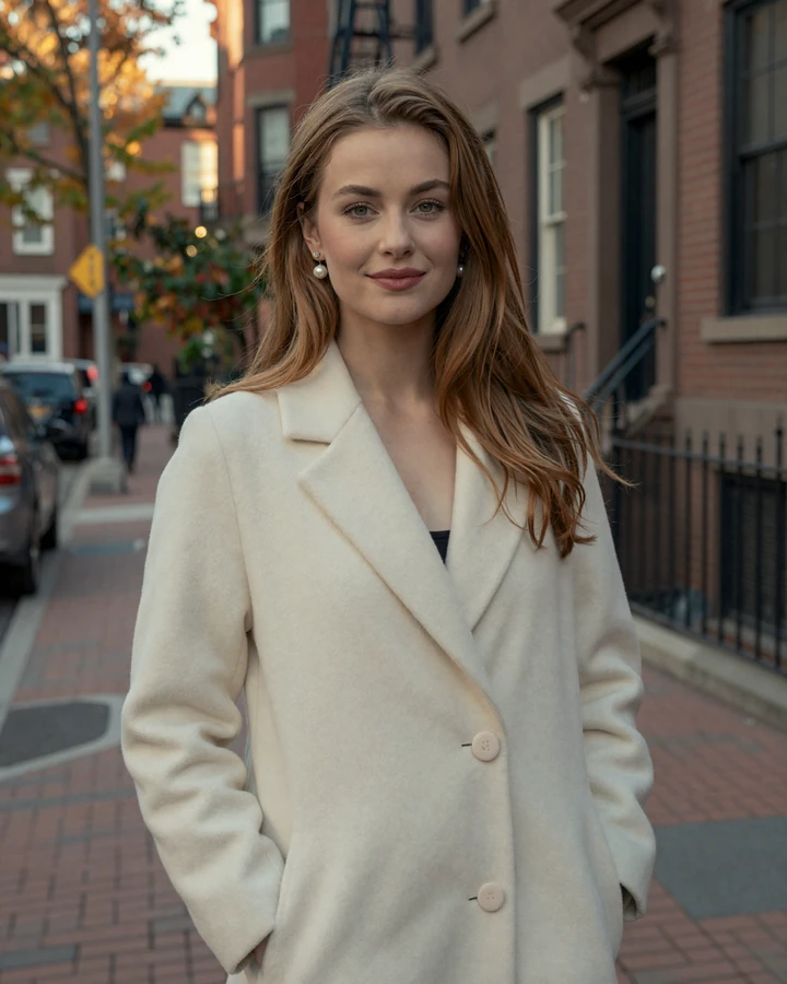 Verified Boston sugar baby Charlotte in a cream cashmere coat on a Back Bay brownstone street at golden hour