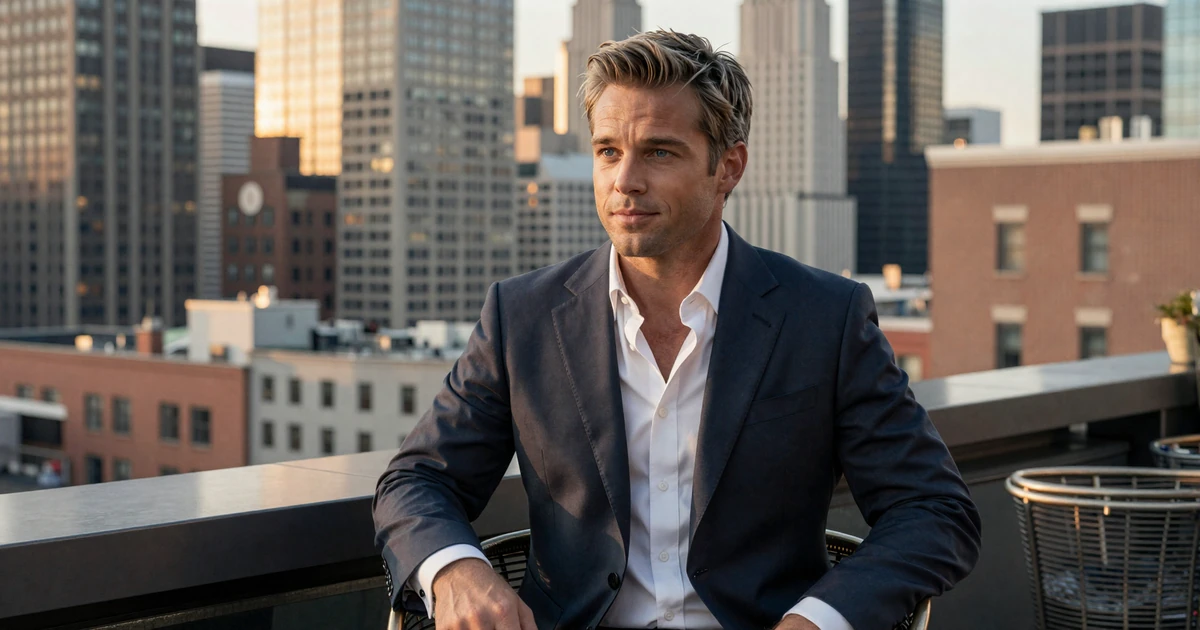 Successful executive man in tailored suit relaxing at Manhattan rooftop bar during golden hour, illustrating premium sugar daddy profile photography style