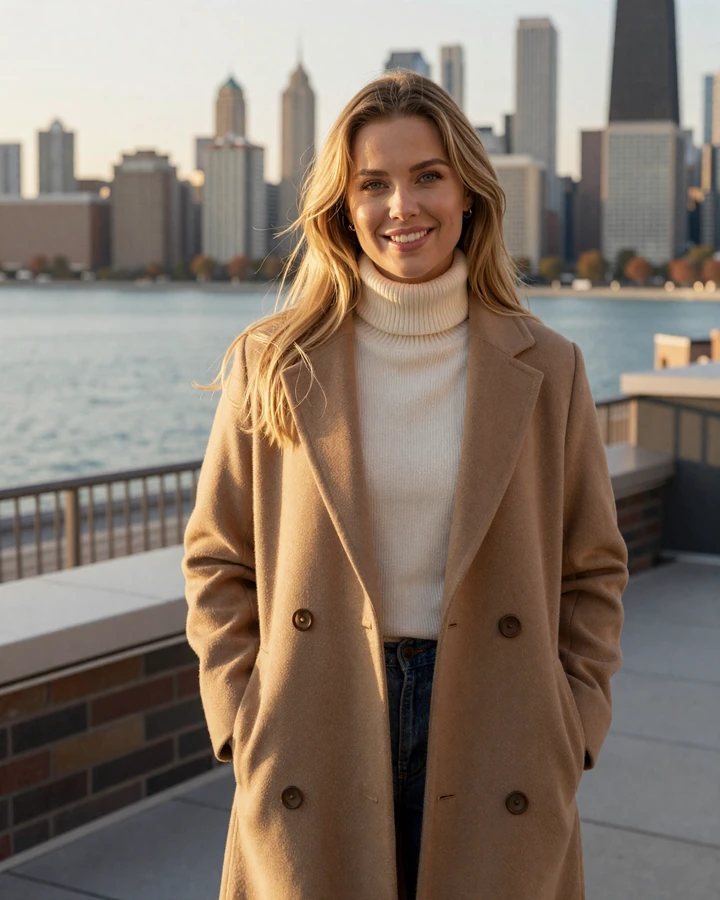 Verified Chicago sugar baby Sienna in cream cashmere on a Gold Coast rooftop with the skyline and Lake Michigan at golden hour