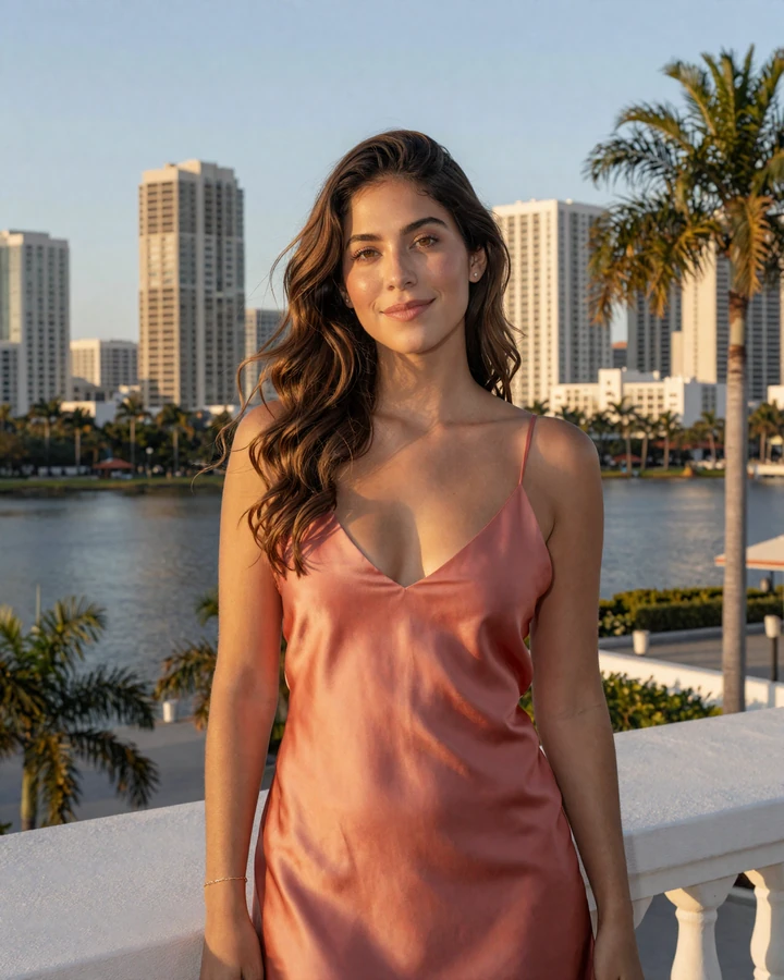 Verified Orlando sugar baby Camila in a coral silk dress on a Lake Eola rooftop with the downtown Orlando skyline at golden hour