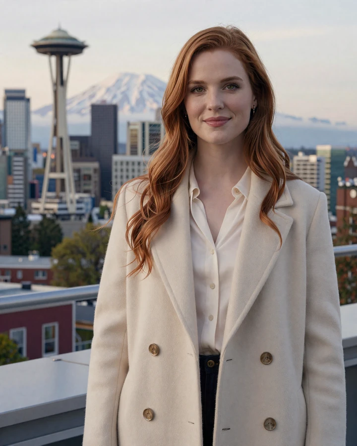 Verified Seattle sugar baby Harper in a cream wool coat on a Bellevue rooftop with Mount Rainier and the Seattle skyline at golden hour