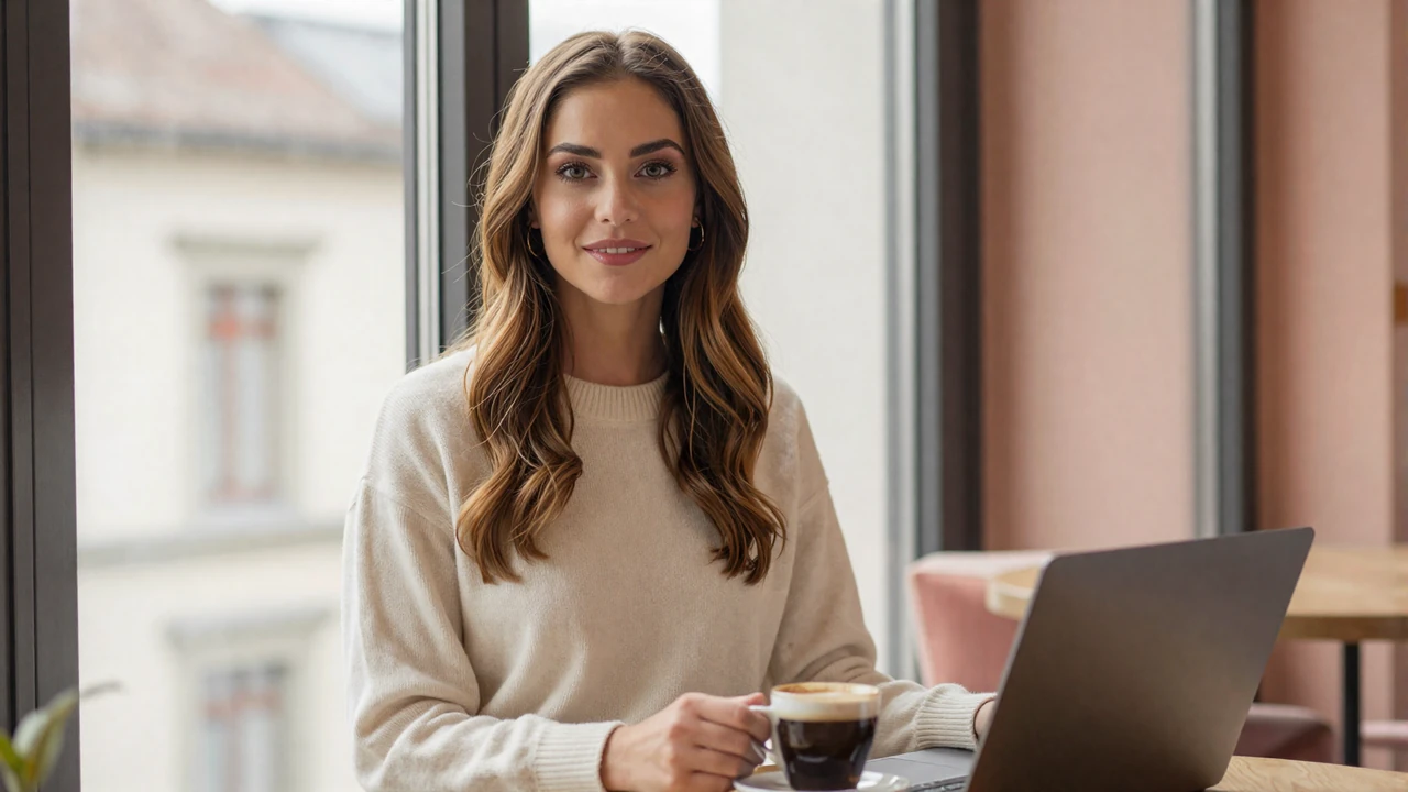 Elegant young brunette woman reviewing sugar dating profile on laptop at boutique hotel lounge representing what women look for on sugar dating platforms