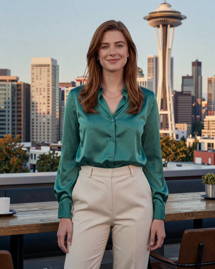 Verified Seattle sugar baby Elise in emerald silk blouse on a Capitol Hill rooftop with Space Needle skyline