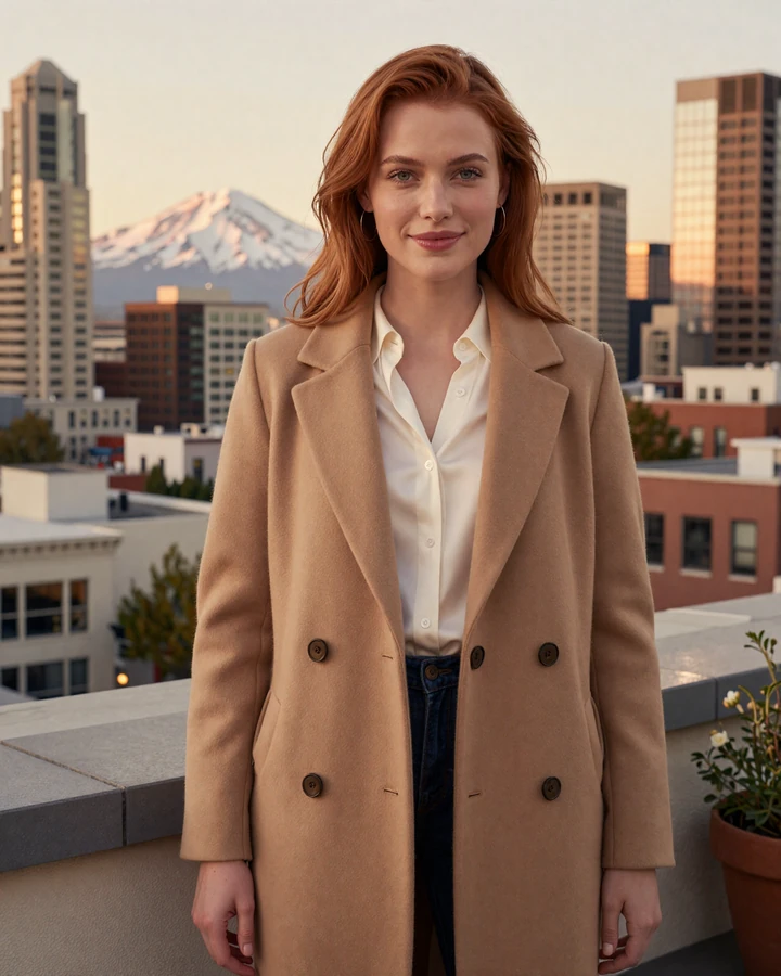 Verified Portland sugar baby Sienna in a camel wool coat on a Pearl District rooftop with Mount Hood and the PDX skyline at golden hour