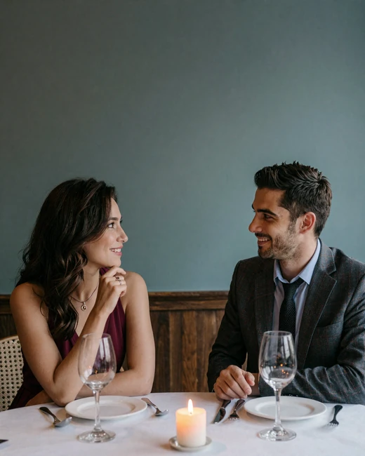 Traditional dating couple sharing a warm candlelit restaurant conversation in a muted teal-toned editorial portrait