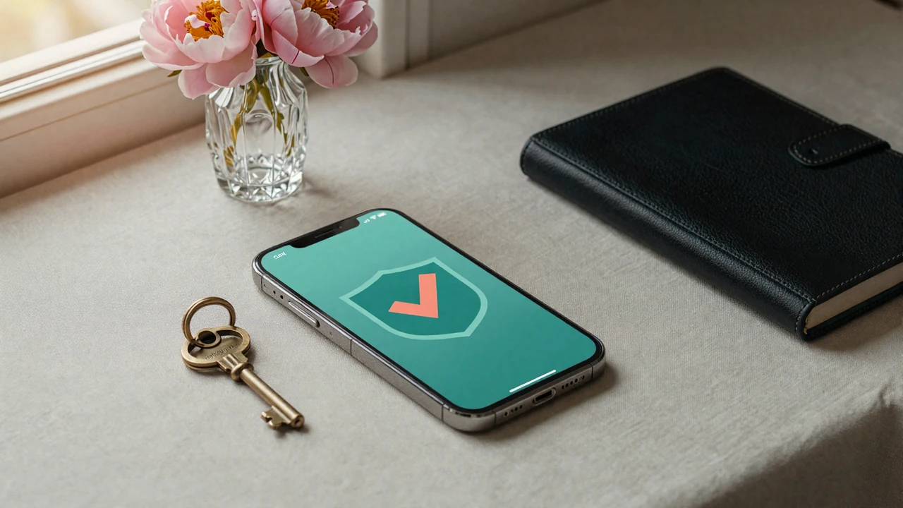 Smartphone showing teal verification shield resting on ivory linen with brass key and peonies symbolizing privacy and trust in online sugar dating