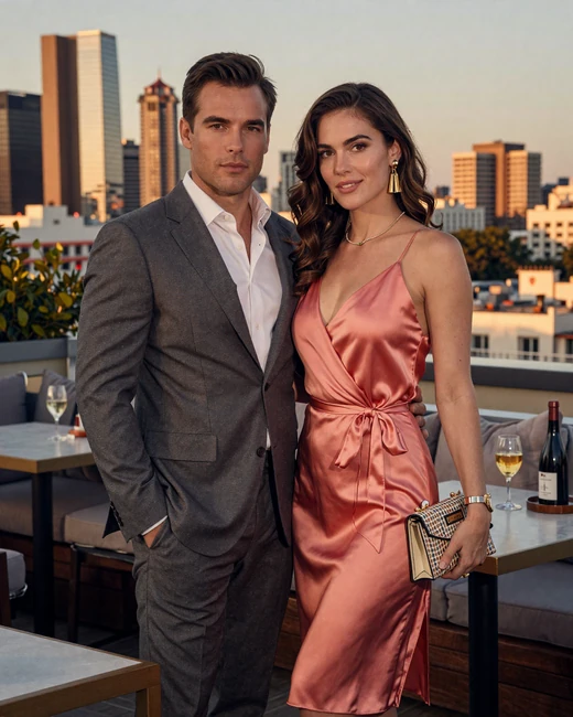 Sophisticated sugar dating couple sharing rooftop cocktails at golden hour with coral and amber lighting