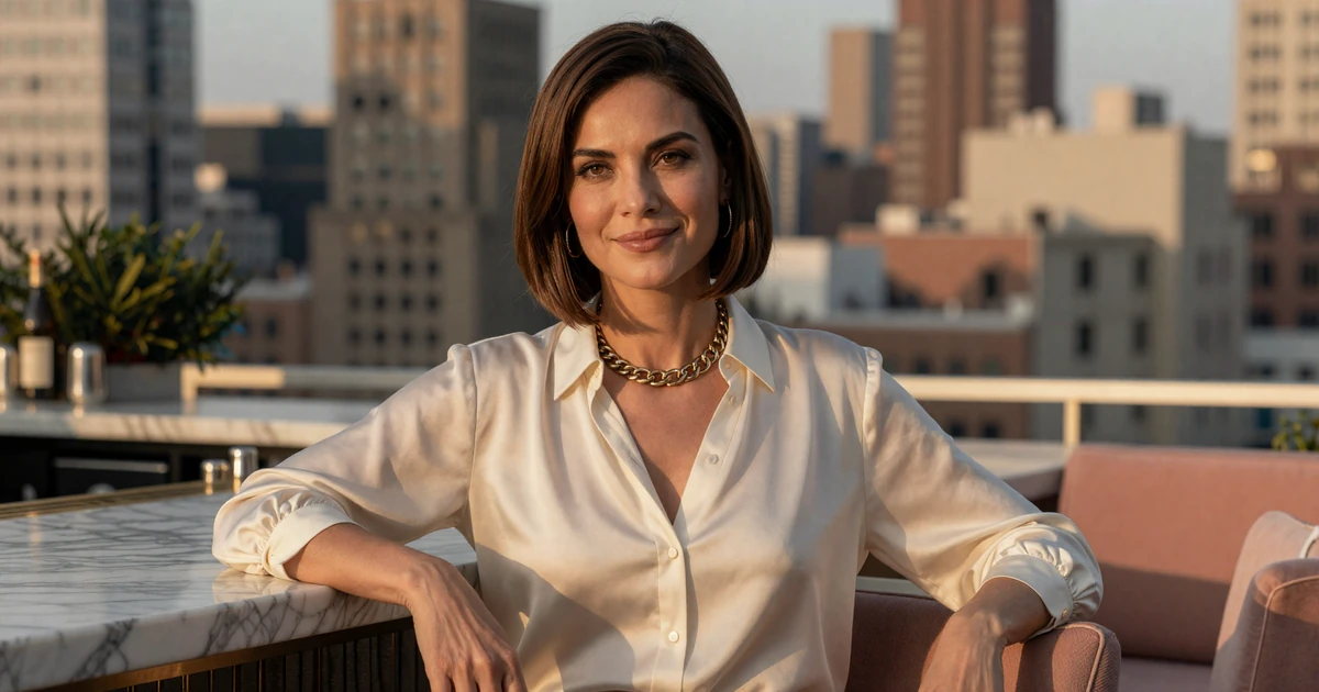 Elena, 46, verified mature member on premium toy boy dating site, relaxed at a Manhattan rooftop lounge at golden hour
