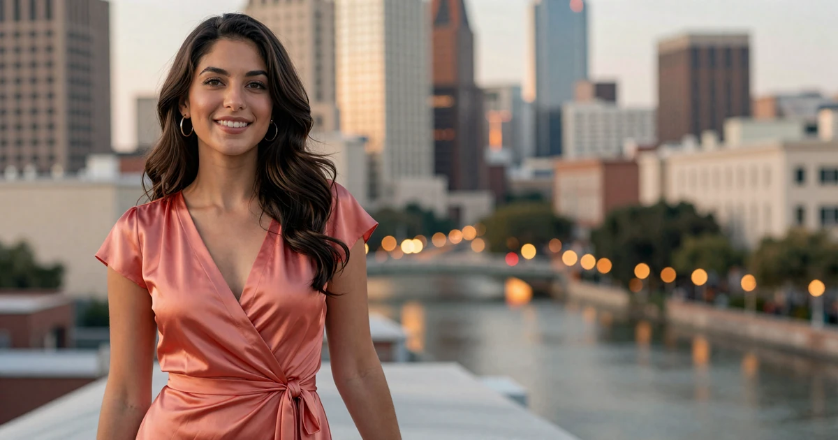 Verified San Antonio sugar baby Camila in coral silk dress on a Pearl District rooftop with Riverwalk lights and Texas skyline at golden hour